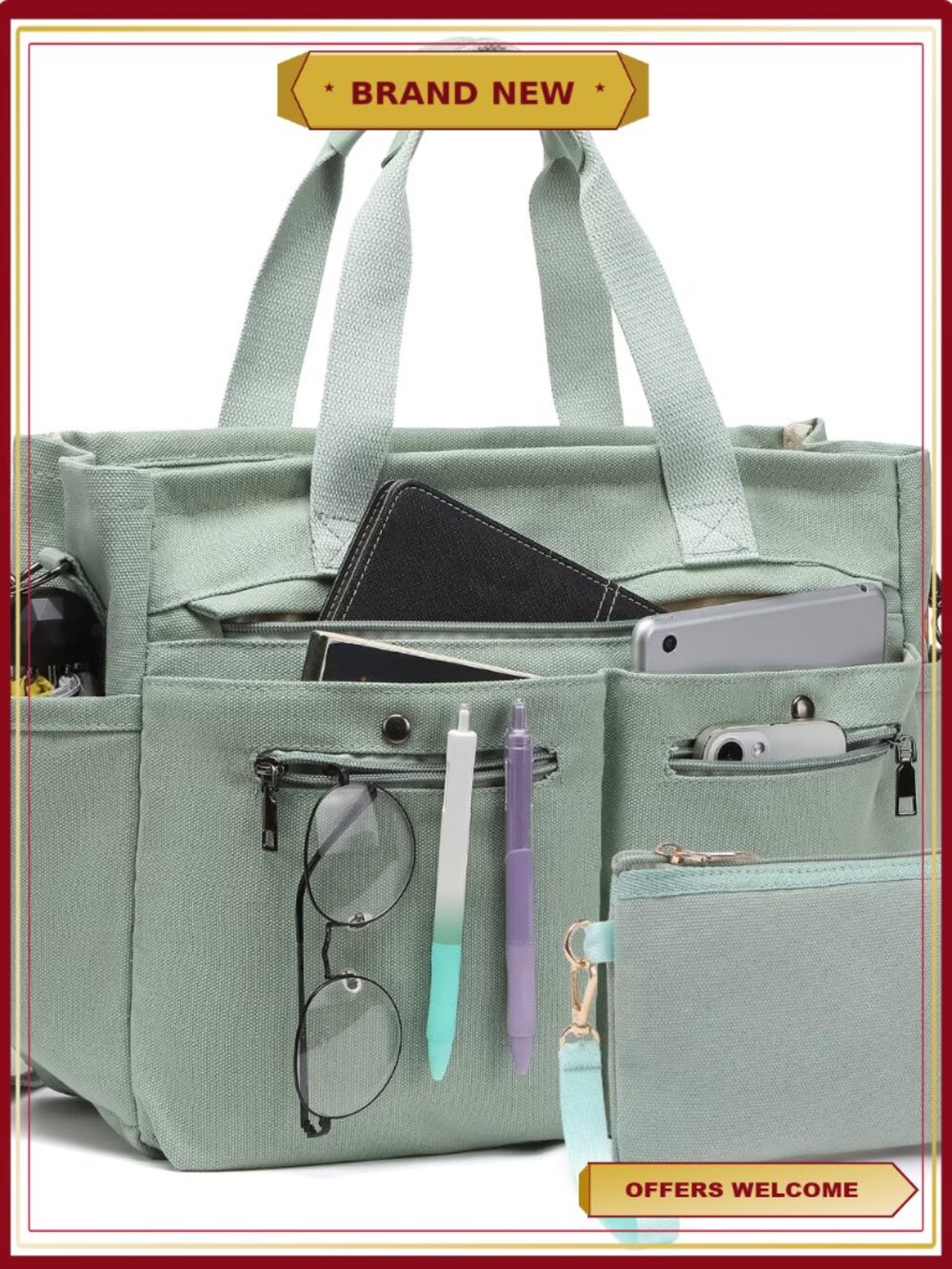 Large Canvas Tote Bag 2pc Set Multi-Pocket Laptop Work Crossbody Shoulder Hobo